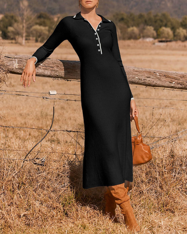 Turndown Collar Button Knit Slim Fit Maxi Dress