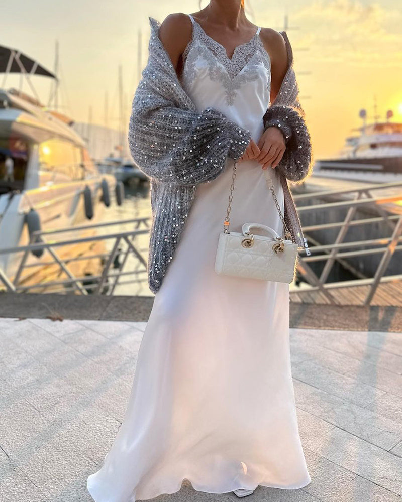 Solid Knit Sequined Sweater Jacket