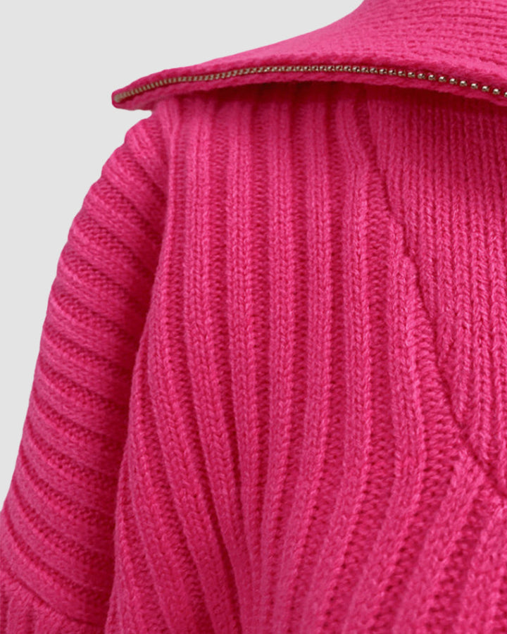 Zipper Lapel Twist Loose Solid Color Knitted Sweater