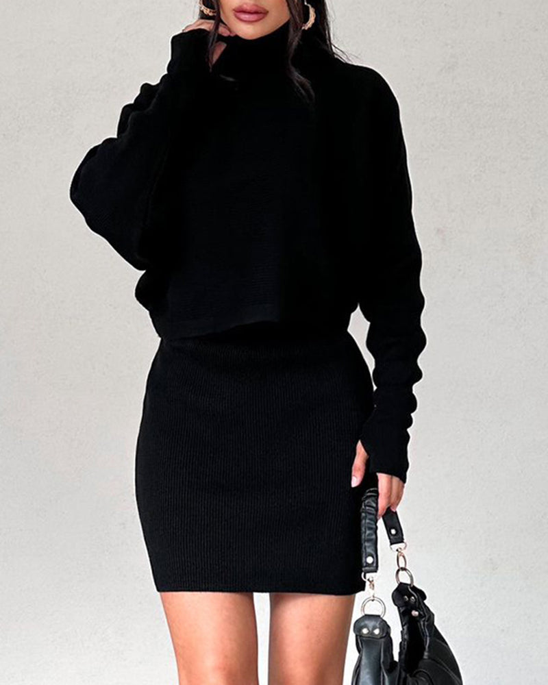 Casual Two Pieces Sets Turtleneck Sweater and Mini Skirt Suits