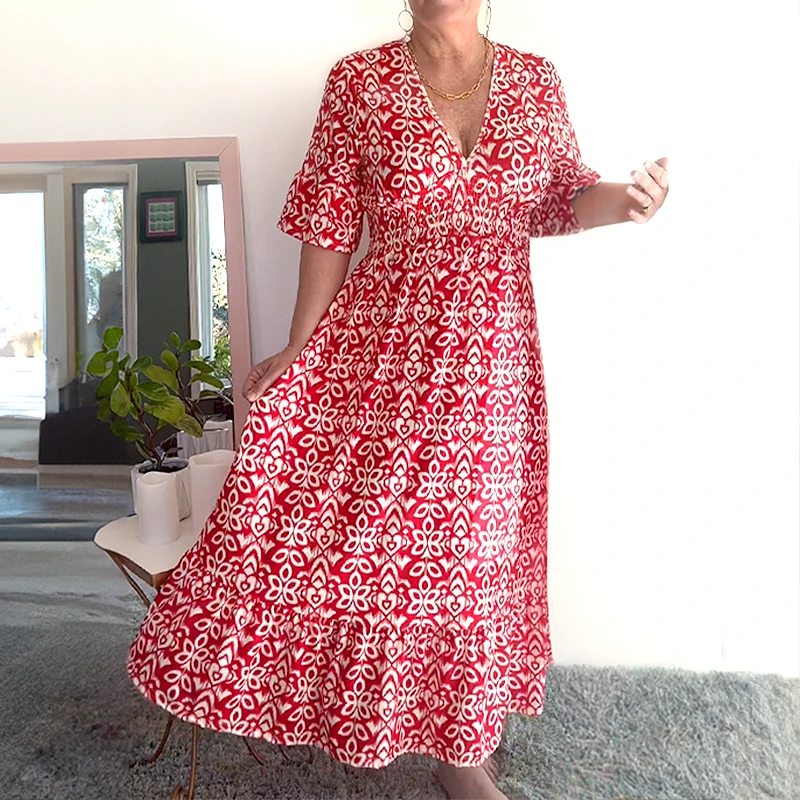 Olivia™ |Bohemian casual print V-neck waist wrap long dress