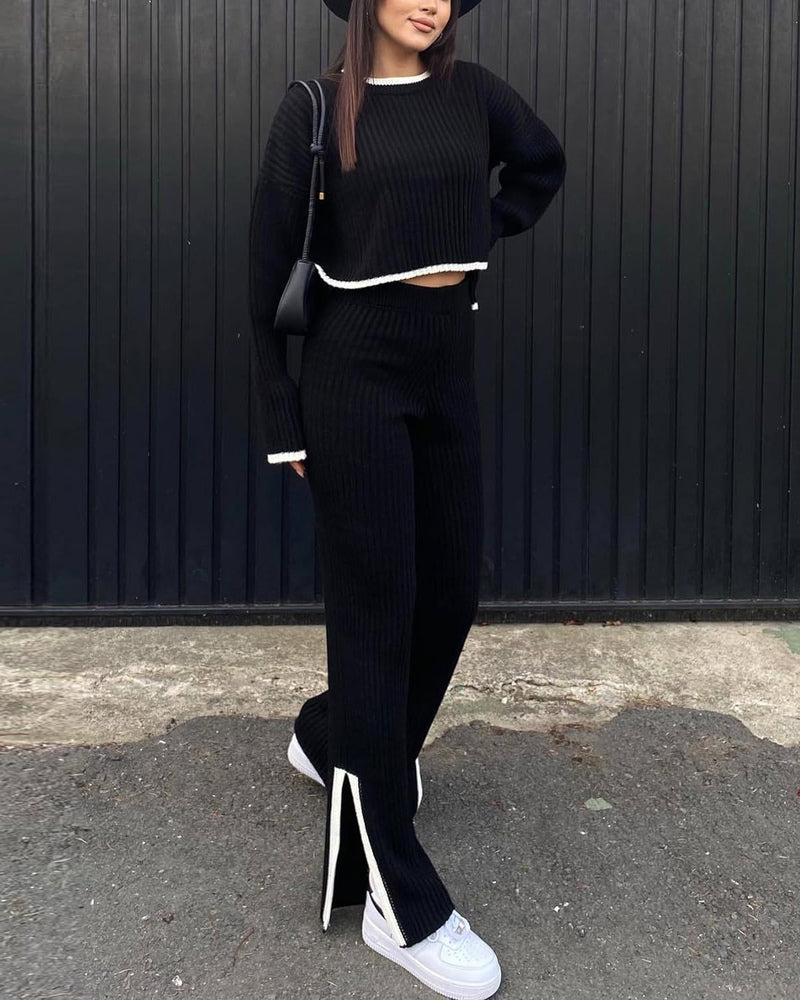 Knit Two Piece Outfit Color Block Cropped Top Long Pants Ribbed Sweater Set