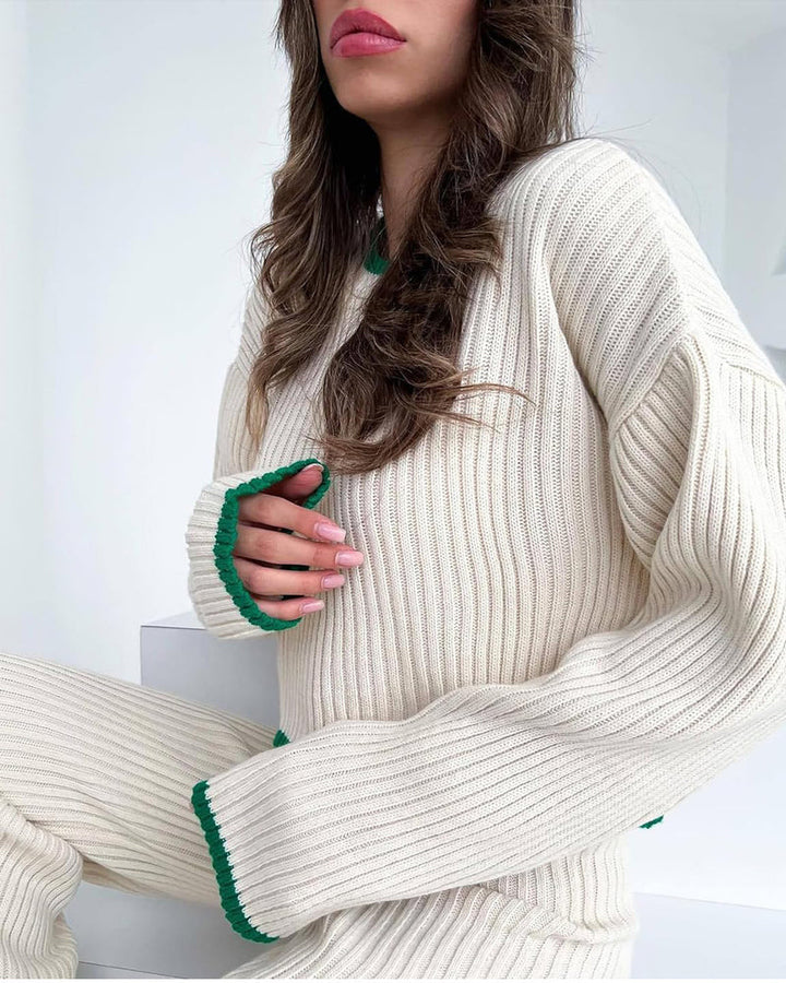 Knit Two Piece Outfit Color Block Cropped Top Long Pants Ribbed Sweater Set