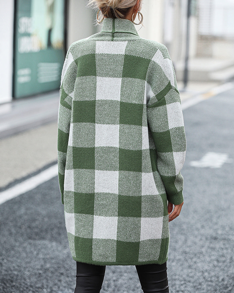 Plaid Dropped Shoulder Cardigan with Pocket