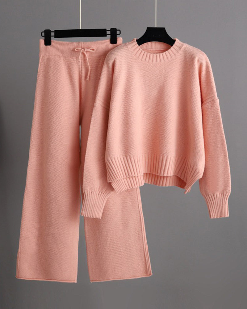 Casual Knit Two-Piece Set Loose-Fit Sweater and Wide-Leg Pants
