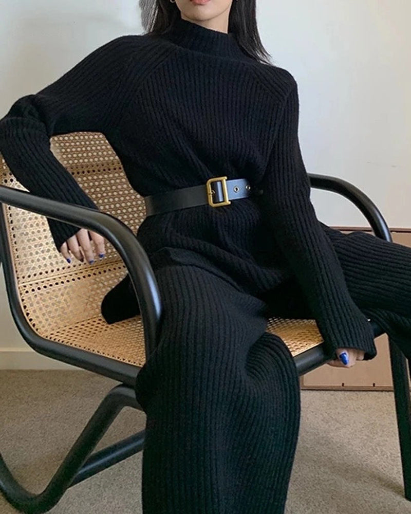 Solid Color Knitted Two Piece Casual Loose Loungewear Knit Sweater&Pants Set