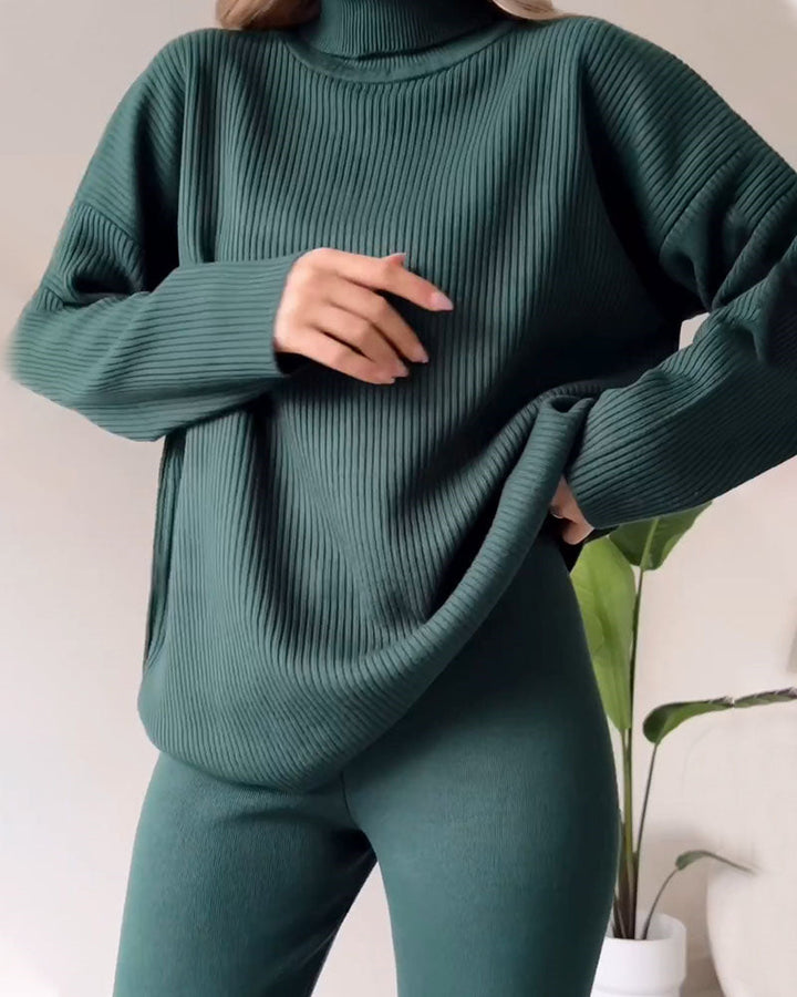 Chic Turtleneck Top and Slim Trousers Two-piece Set