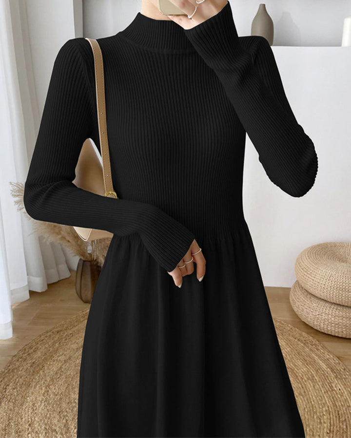 Long-Sleeve High Neck Plain Ribbed Midi A-Line Knit Dress