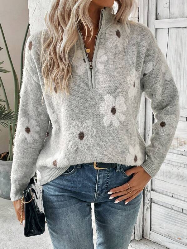 Romantic Print V-Neck Sweater