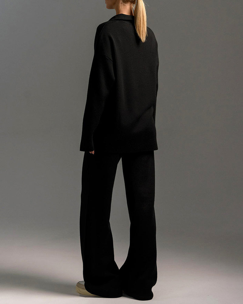 Casual Two-Pieces Outfits Lapel V Neck Sweater and Trousers Sets