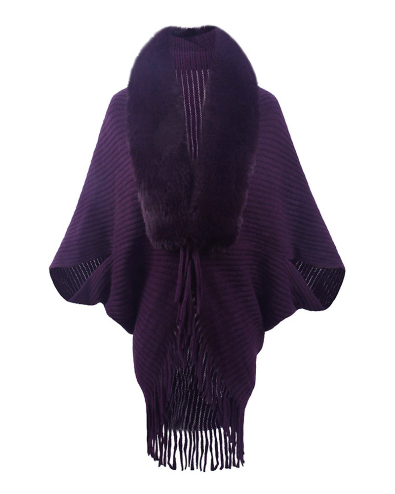 Knit Shawl Womens Solid Color Loose Collar Tassel Cape Knitted Cape Coat