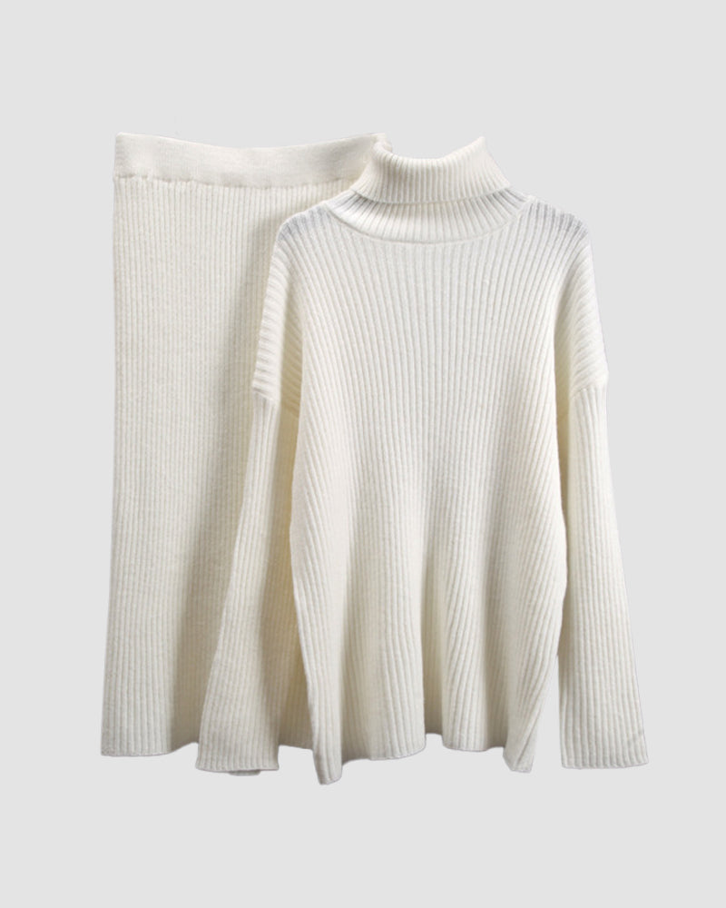 Casual Two Pieces Sets Turtleneck Sweater and Midi Skirt Suits