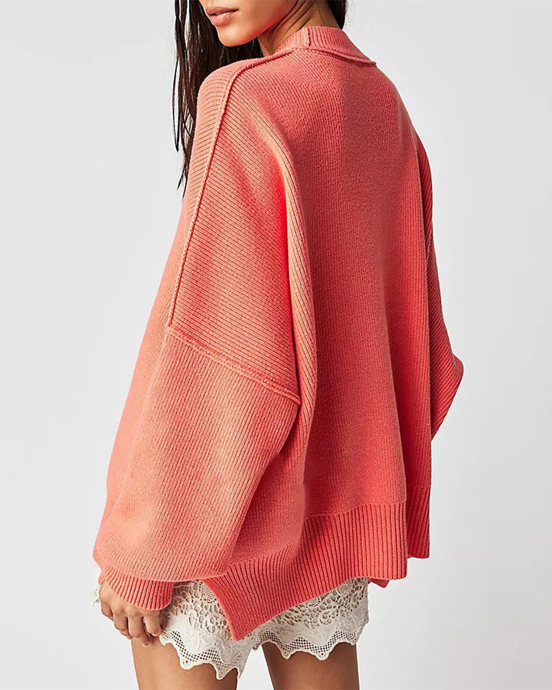 Lantern Sleeve Mock Neck Pullover with Ribbed Cinch Hem Batwing Sweater