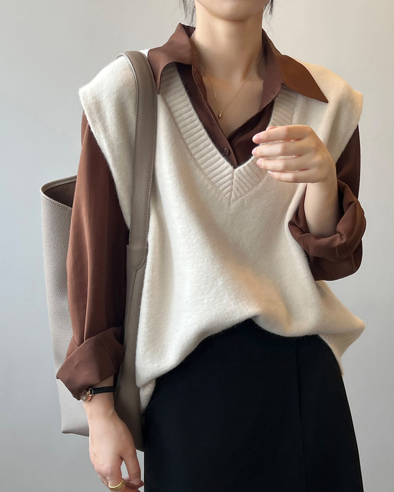 Soft Felt Loose Fit V Neck Sweater Vest