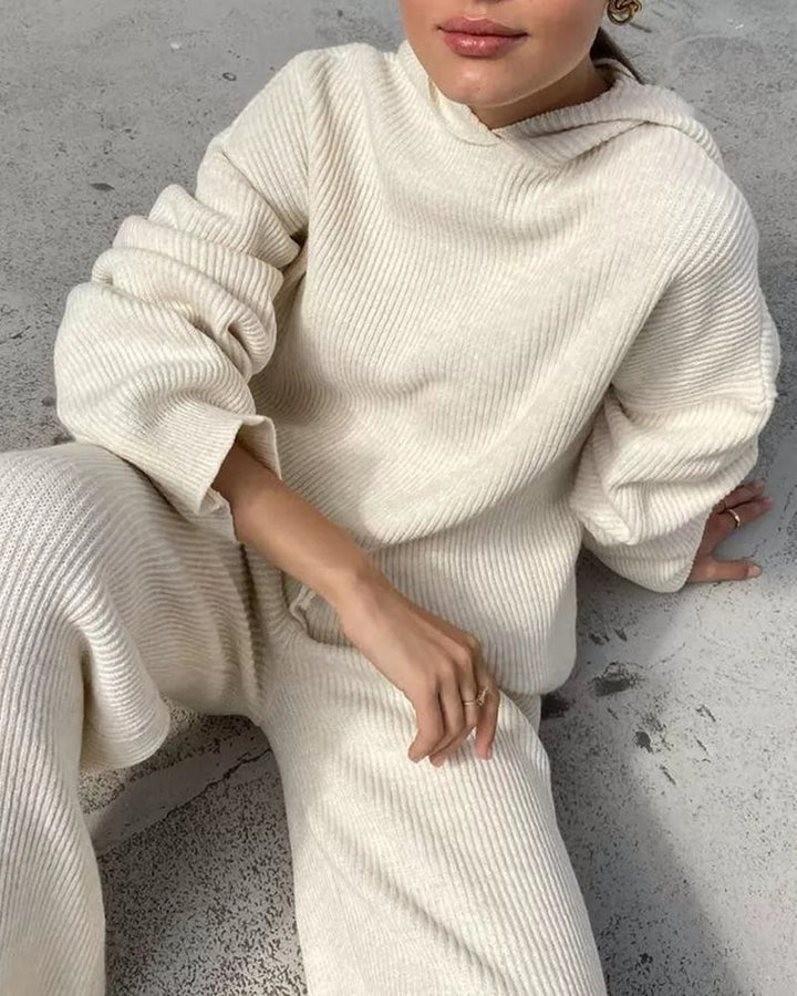 Casual Street Loose Two-piece Sweatsuit Hooded Knitted Loose Top + Wide-leg Pants