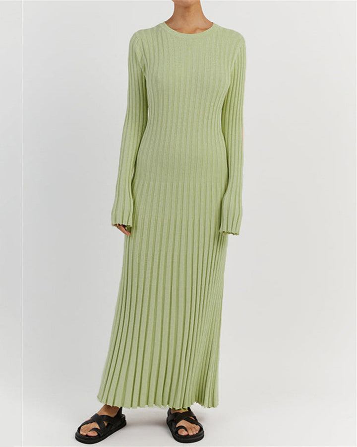 Long Sleeve Dress Crew-Neck Knit Maxi Dress Ribbed Elegant Long High Waist Pleated Dresses
