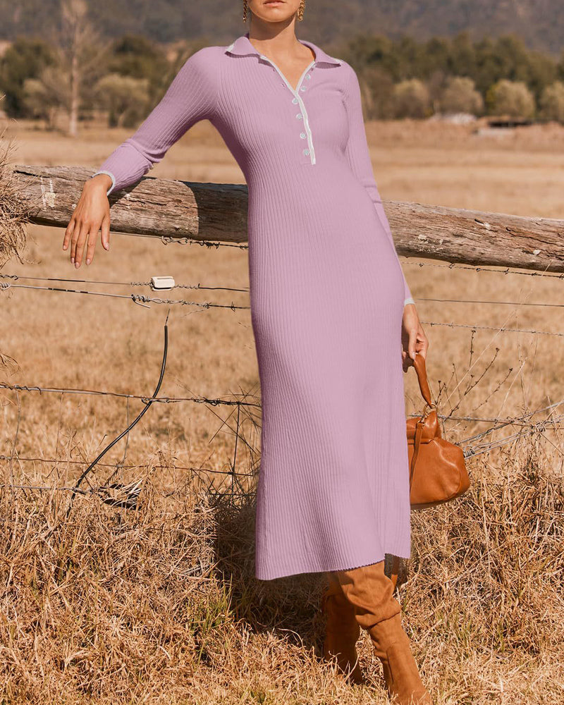 Turndown Collar Button Knit Slim Fit Maxi Dress
