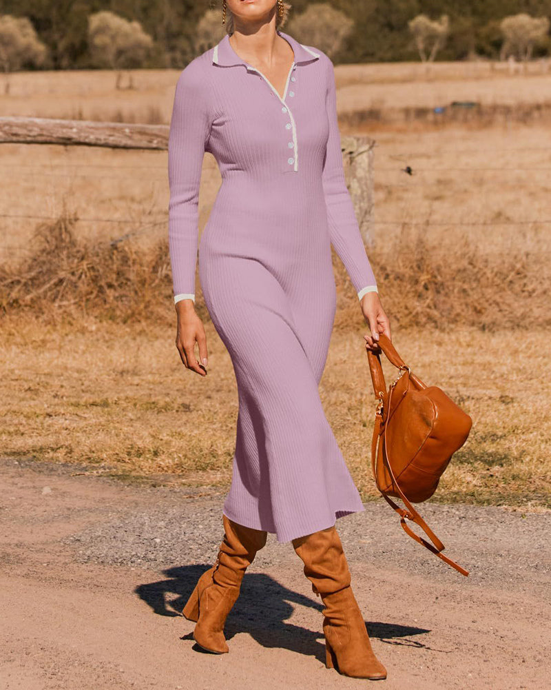 Turndown Collar Button Knit Slim Fit Maxi Dress