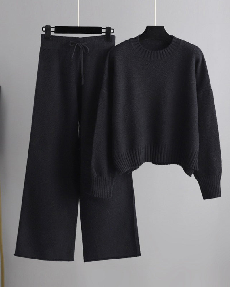 Casual Knit Two-Piece Set Loose-Fit Sweater and Wide-Leg Pants