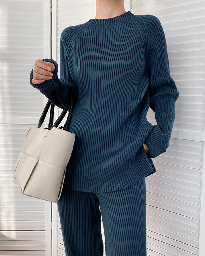 Solid Color Knitted Two Piece Casual Loose Loungewear Knit Sweater&Pants Set