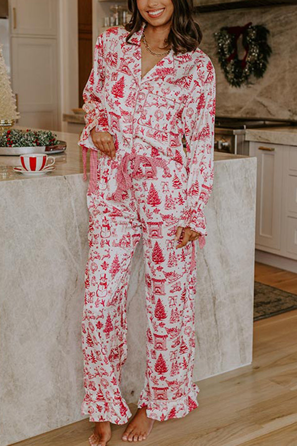 Christmas Night Satin Loose Shirt and Elastic Waist Pocketed Pajama Set
