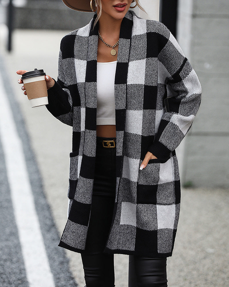 Plaid Dropped Shoulder Cardigan with Pocket