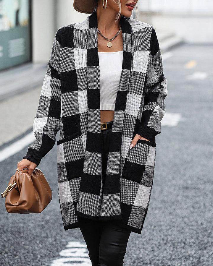 Plaid Dropped Shoulder Cardigan with Pocket