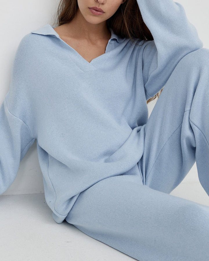 Casual Two-Pieces Outfits Lapel V Neck Sweater and Trousers Sets