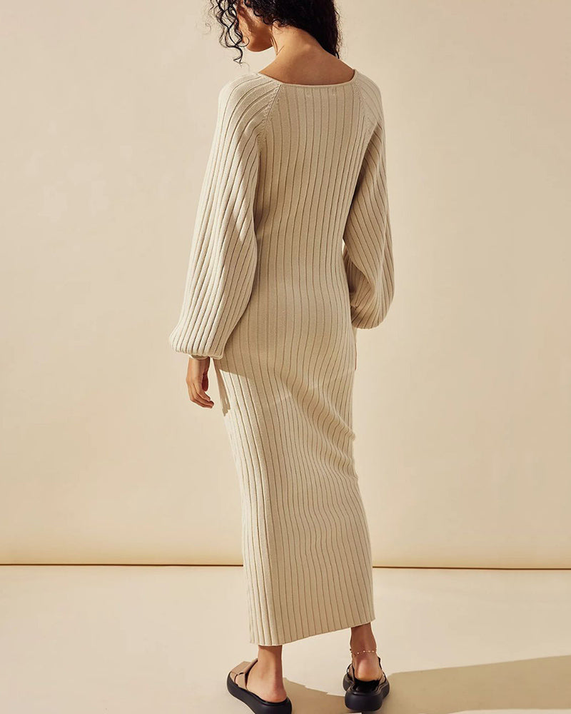 Casual Solid Color Knitted Dress V-neck Sweater Dress