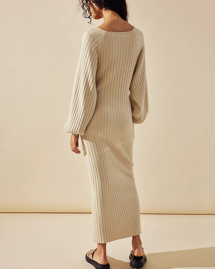 Casual Solid Color Knitted Dress V-neck Sweater Dress