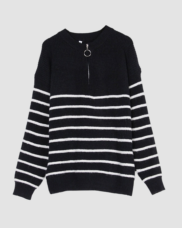 Striped Pattern Quarter Zipper Drop Shoulder Sweater Pullover