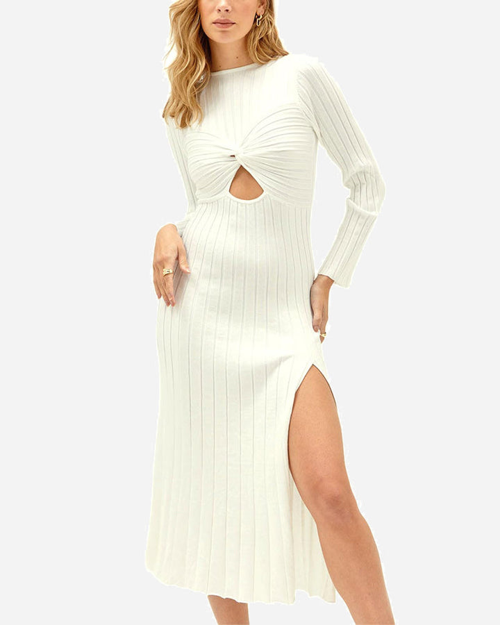 Women's Sweater Dress Twist Front Cutout Long Sleeve Bodycon Slim Fit Knit Ribbed Midi Dress with Slit