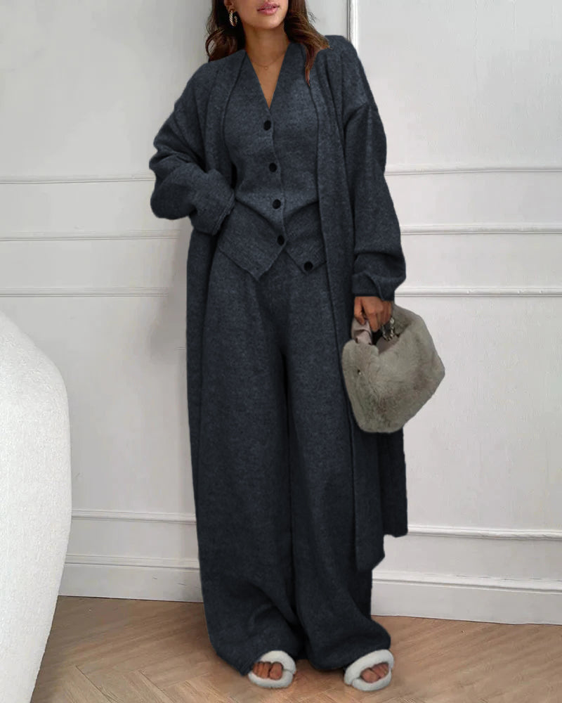 Knitted Three Piece Set Cardigan Sweater Vest and Wide Leg Pants
