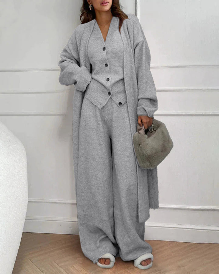 Knitted Three Piece Set Cardigan Sweater Vest and Wide Leg Pants