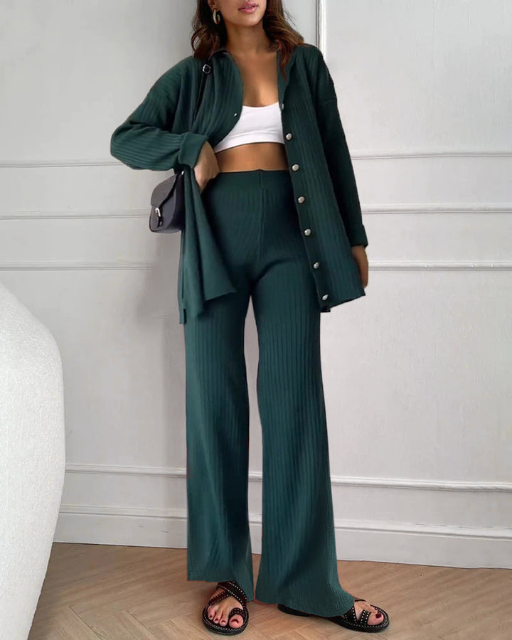 Solid Color Design Button Ribbed Knitted Two Piece Sets