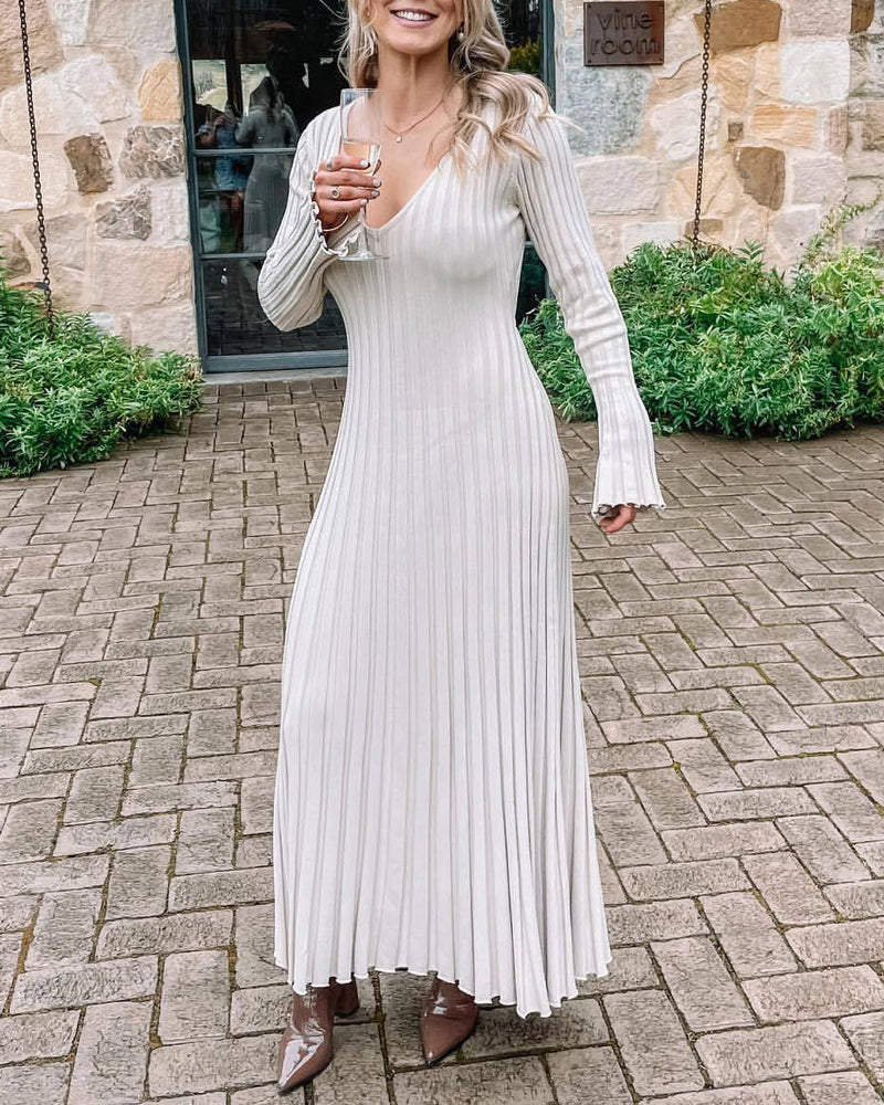 Long Sleeve Dress V-Neck Knit Maxi Dress Ribbed Elegant Long High Waist Pleated Dresses