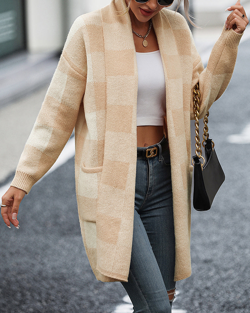 Plaid Dropped Shoulder Cardigan with Pocket