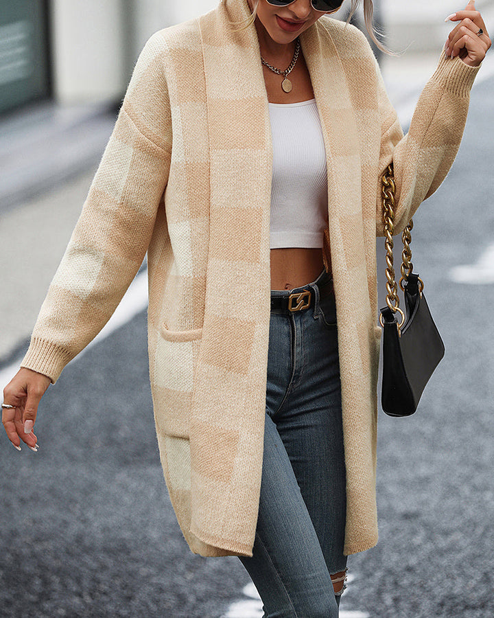 Plaid Dropped Shoulder Cardigan with Pocket