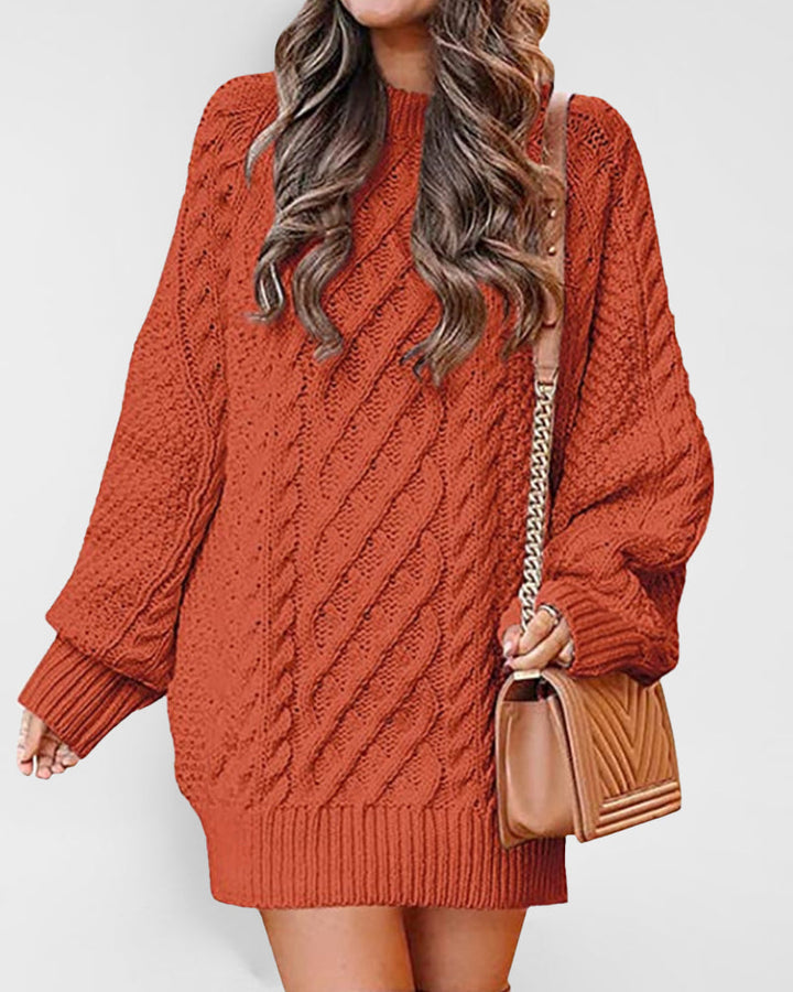 Crewneck Long Sleeve Loose Oversized Cable Knit Chunky Pullover Short Sweater Dresses