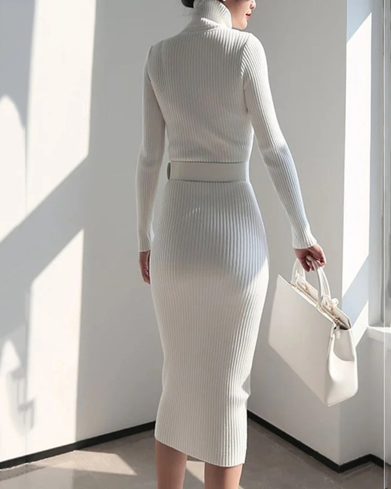 Elegant Turtleneck Sweater Dress Slim-fitting Belted Knee-length Knitted Dress