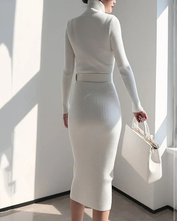 Elegant Turtleneck Sweater Dress Slim-fitting Belted Knee-length Knitted Dress