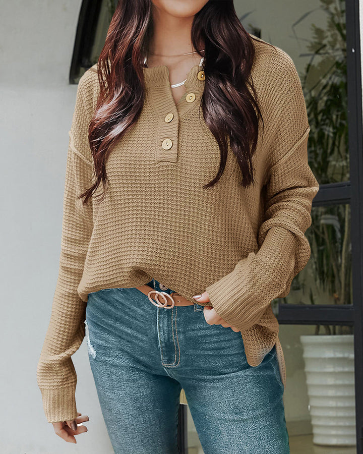 Waffle Knit Long Sleeve Side Slit Button Pullover Jumper Sweater
