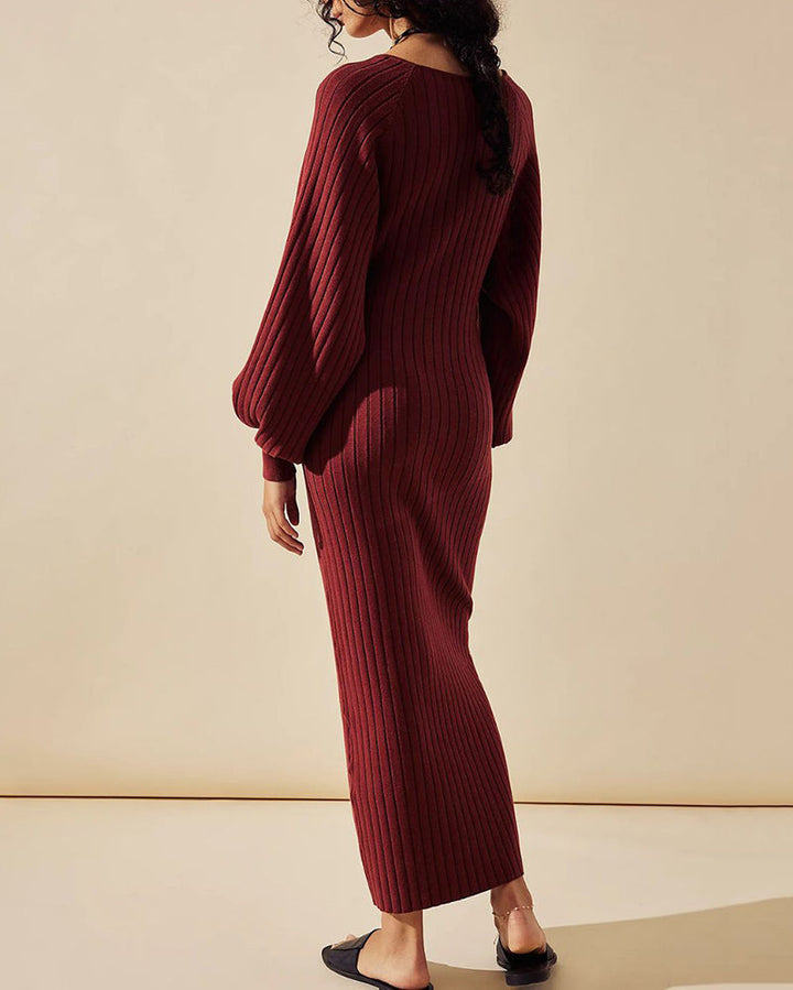 Casual Solid Color Knitted Dress V-neck Sweater Dress