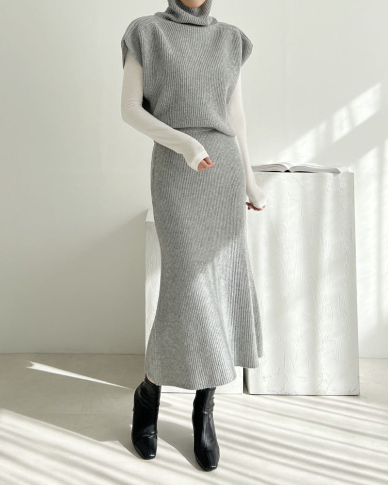 Casual Two-piece Outfits Turtleneck Sleeveless Sweater Vest and Mid-length Skirts Sets
