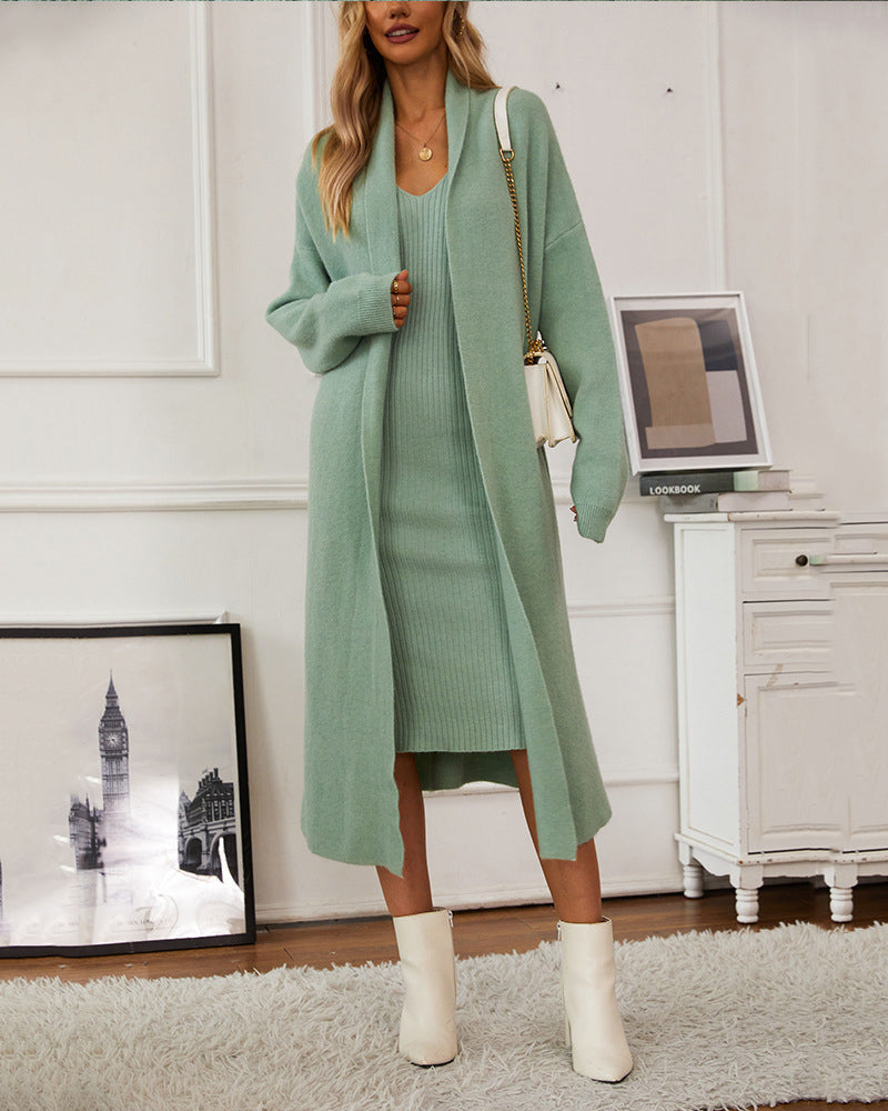 Casual Knitted Cardigan And Sweater Dress Two-Piece Set