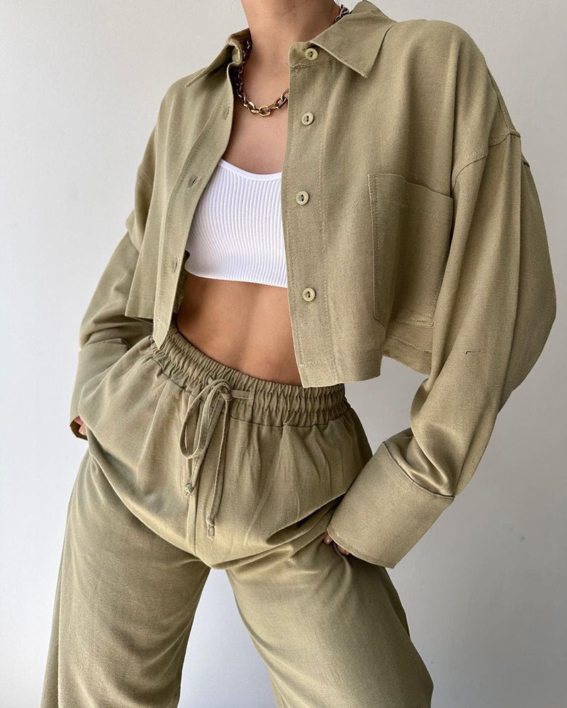 Two Piece Outfits Casual Lounge Sets Long Sleeve Short Casual Shirt with Drawstring Trousers Set