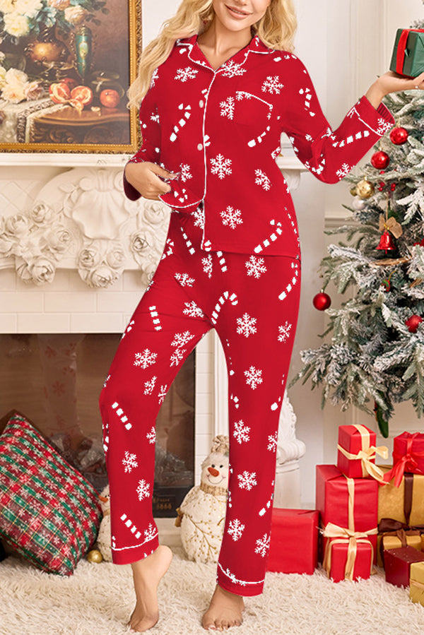 Snowflake Candy Print Casual Long-sleeved Shirt and Elastic Waist Pants Set