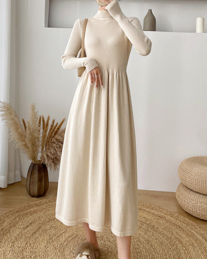 Long-Sleeve High Neck Plain Ribbed Midi A-Line Knit Dress