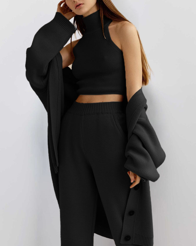 Solid Winter Vest Cardigan Pants Three Piece Knit Sets
