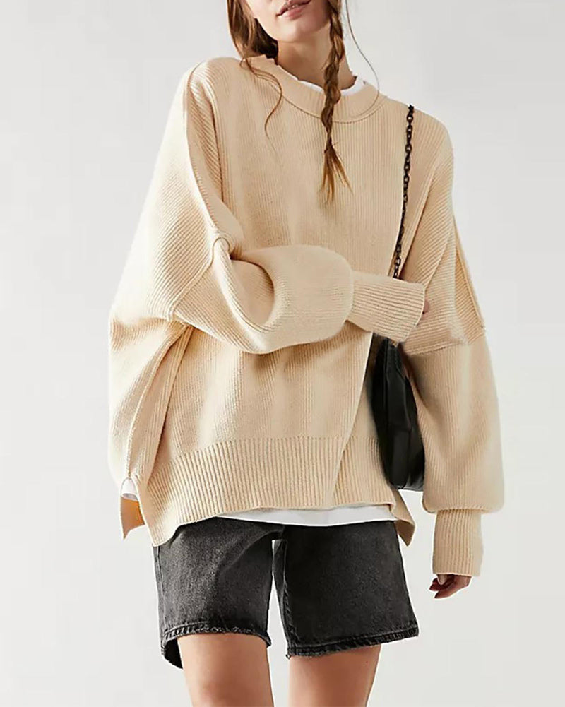Lantern Sleeve Mock Neck Pullover with Ribbed Cinch Hem Batwing Sweater